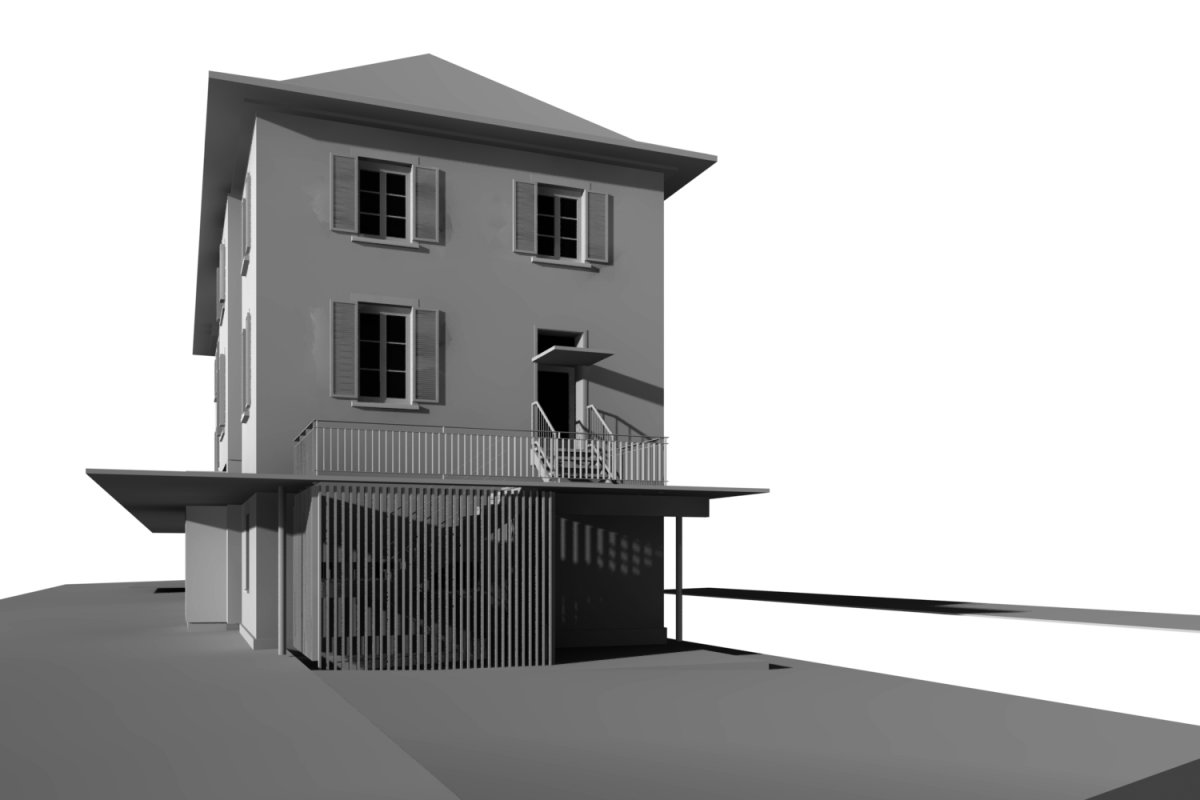 Neues, externes Treppenhaus zur Trennung der beiden Nutzungen Arztpraxis und Wohnen.